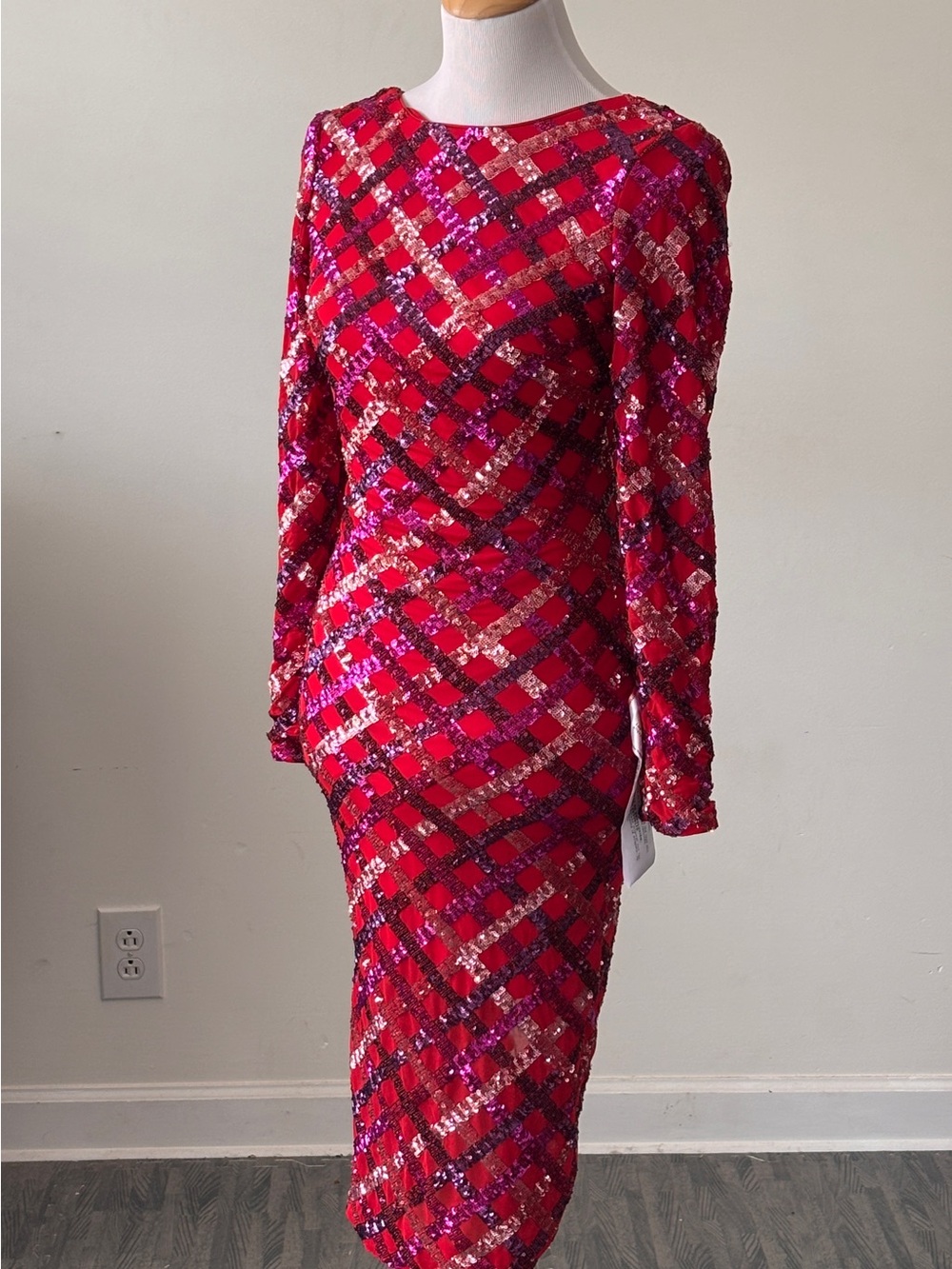 Dress the Population Red Long-Sleeve Sequin Midi Dress